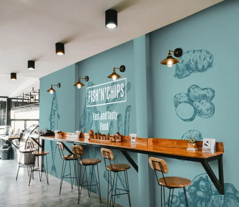 Restaurant wallcovering with illustrated fish and lettering — HP application example